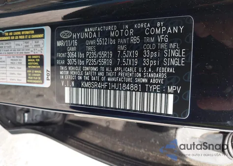 2017 Hyundai Santa Fe Limited Ultimate from USA, damaged, VIN KM8SR4HF1HU184881